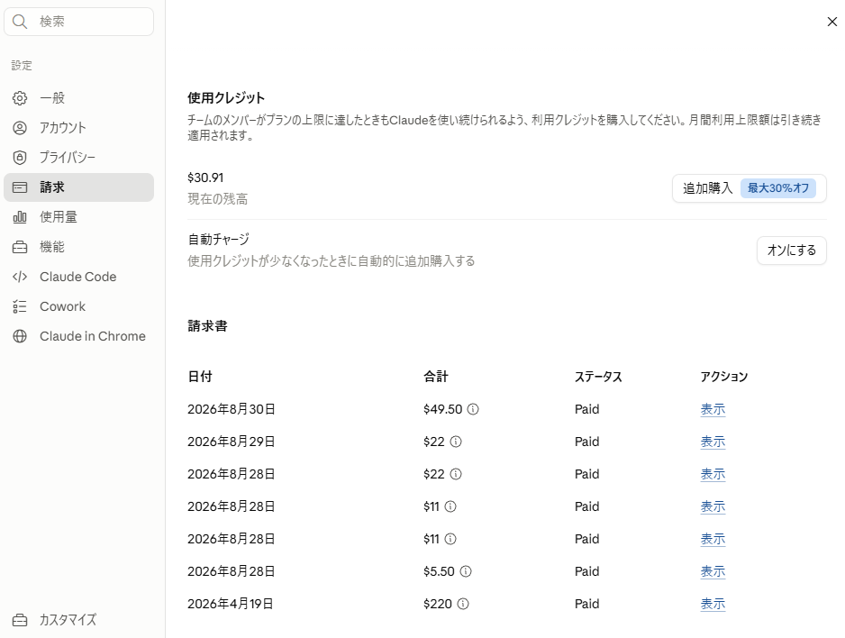 Claudeの30.91ドルの残高と追加クレジット購入履歴